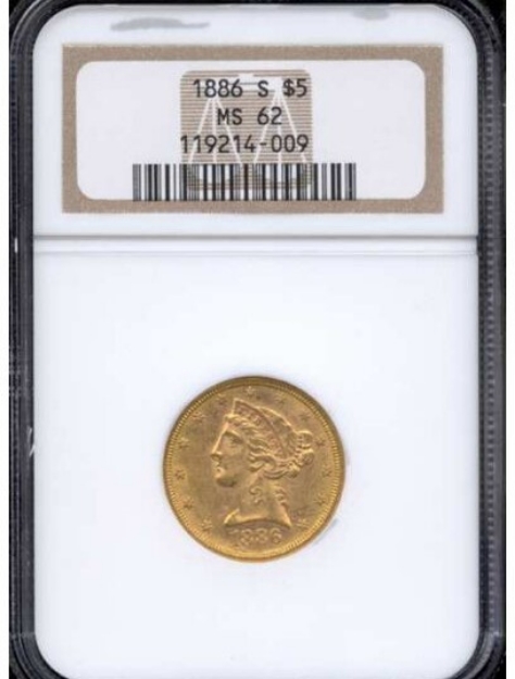 1886S $5 Liberty Half Eagle MS62 1