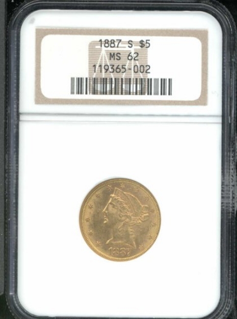 1887S $5 Liberty Half Eagle MS62 1