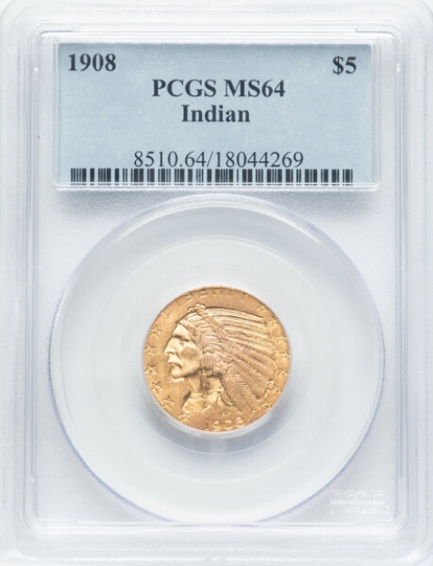 1908 $5 Indian Half Eagle MS64 1