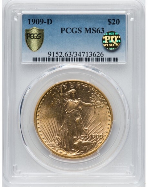 1909D $20 St. Gaudens Double Eagle MS63 1