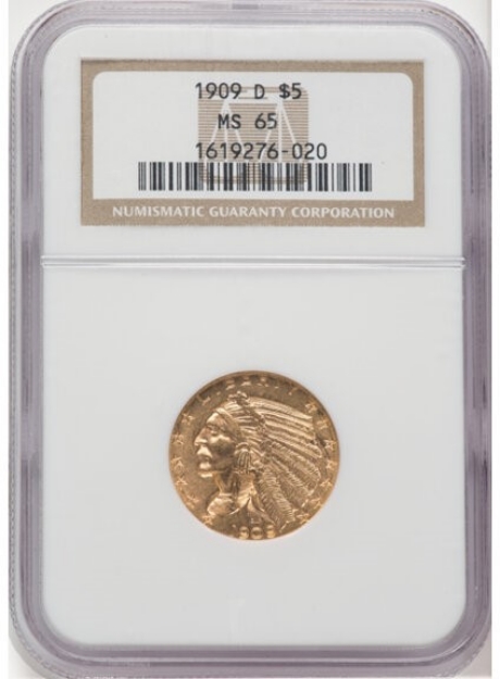 1909D $5 Indian Half Eagle MS65 1