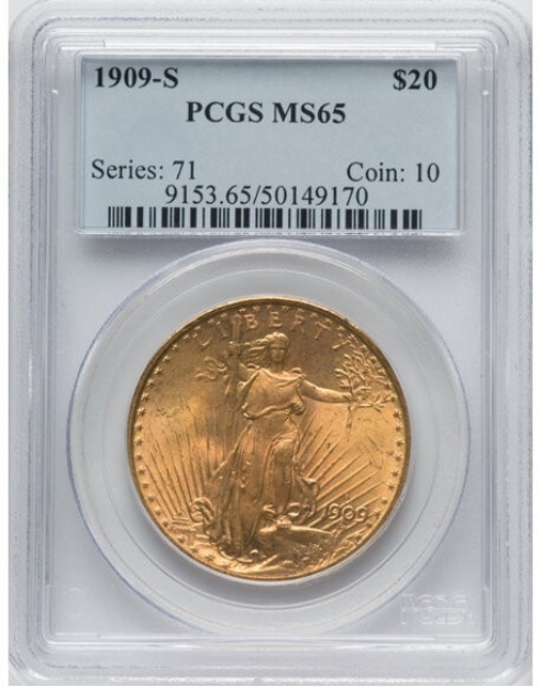 1909S $20 St. Gaudens Double Eagle MS65 1