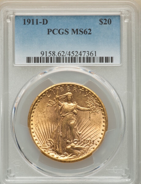 1911D $20 St. Gaudens Double Eagle MS62 1