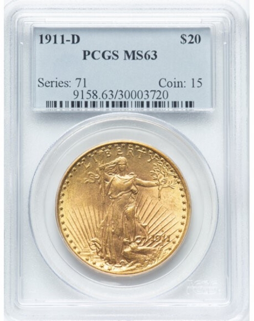 1911D $20 St. Gaudens Double Eagle MS63 1