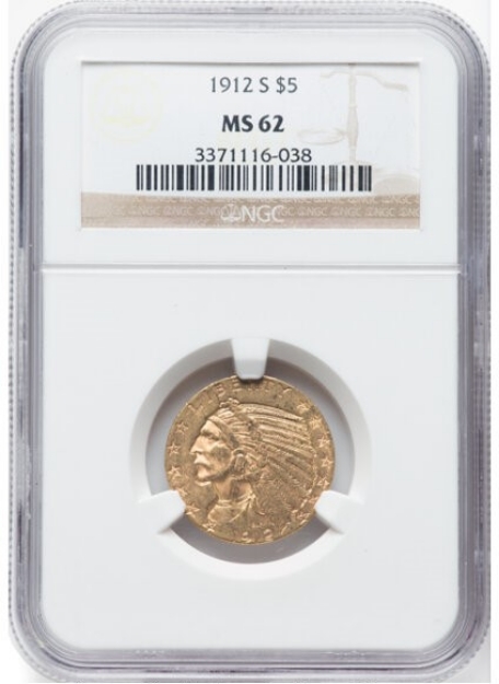 1912S $5 Indian Half Eagle MS62 1