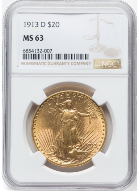 1913D $20 St. Gaudens Double Eagle MS63 1