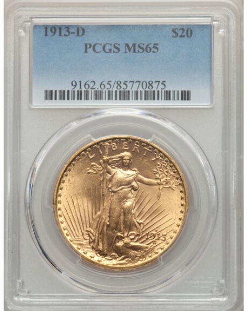 1913D $20 St. Gaudens Double Eagle MS65 1