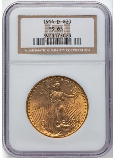 1914D $20 St. Gaudens Double Eagle MS63 1