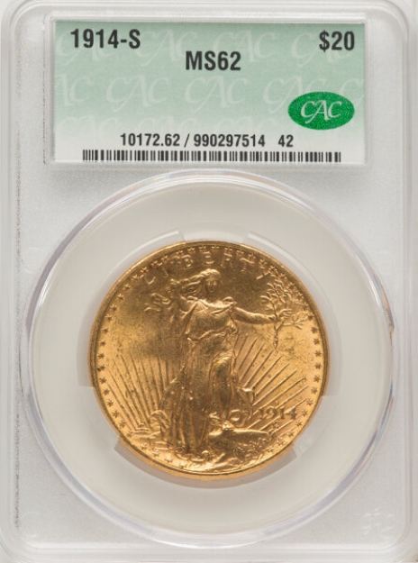 1914S $20 St. Gaudens Double Eagle MS62 1