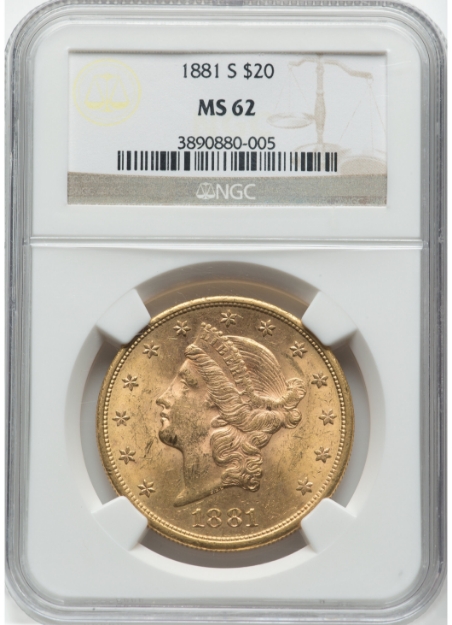 1881-S $20 Liberty Double Eagle MS62 1
