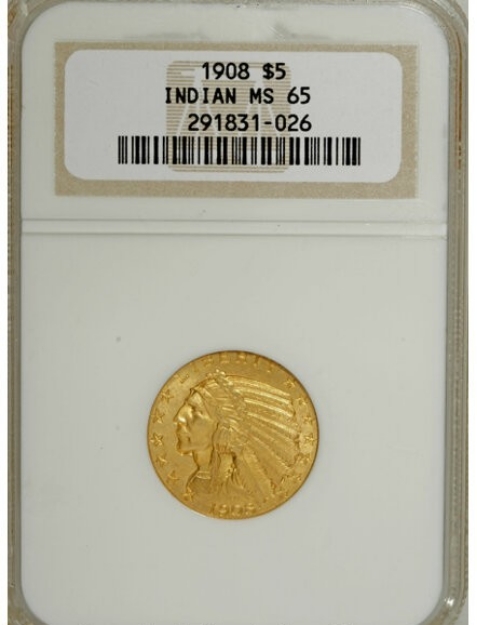 1908 $5 Indian Head Half Eagle MS65 1
