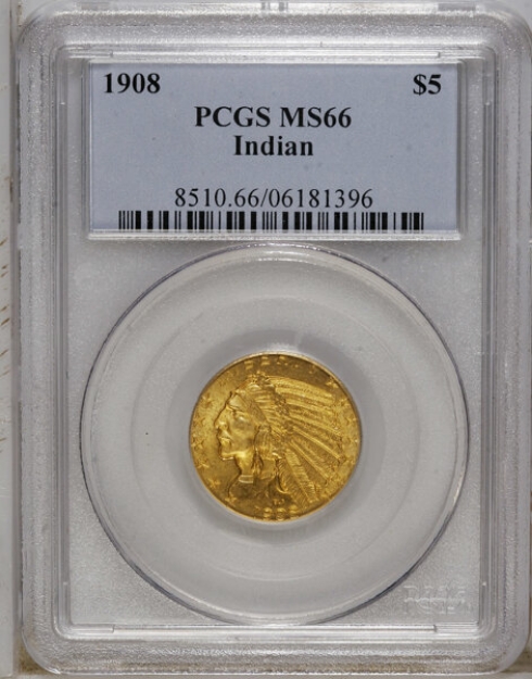 1908 $5 Indian Head Half Eagle MS66 1