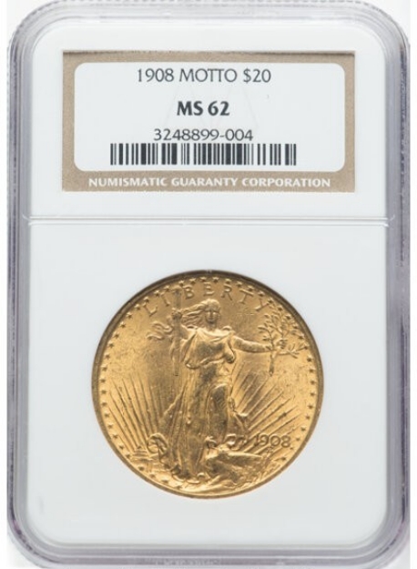 1908WM $20 St. Gaudens Double Eagle MS62 1