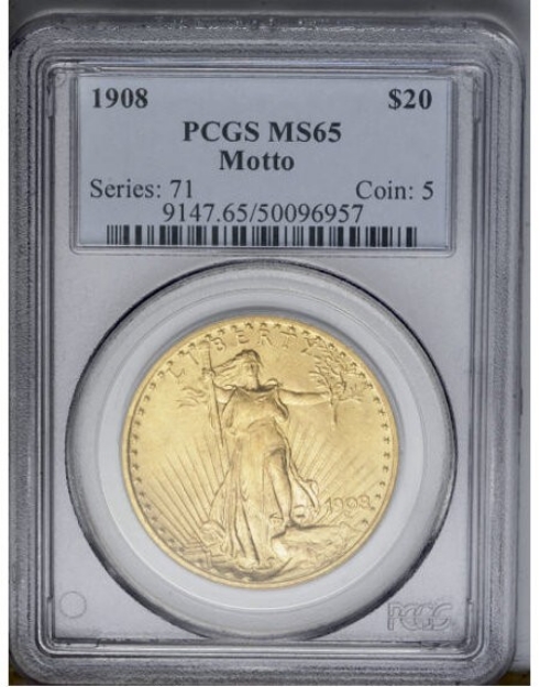1908WM $20 St. Gaudens Double Eagle MS65 1