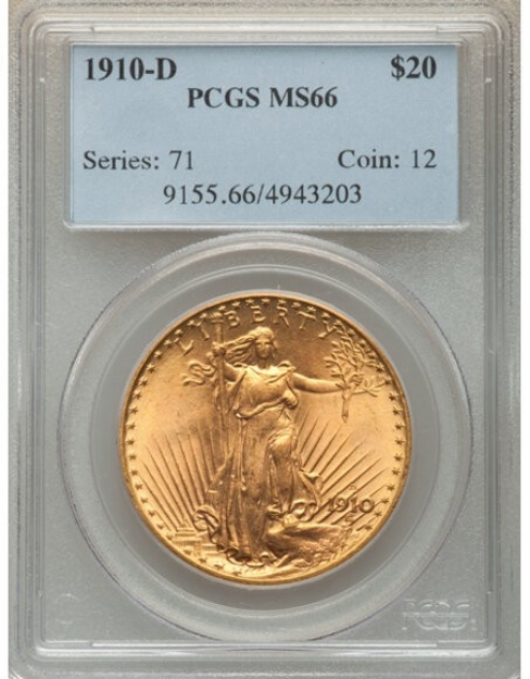 1910-D $20 St. Gaudens Double Eagle MS66 1