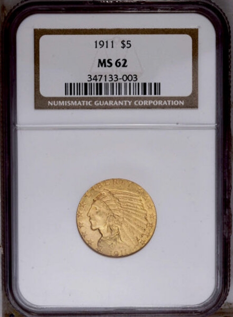 1911 $5 Indian Head Half Eagle MS62 1