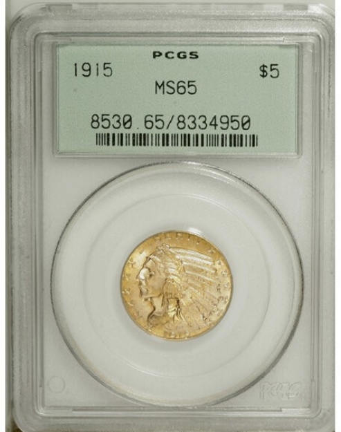1915 $5 Indian Head Half Eagle MS65 1