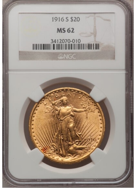 1916-S $20 St. Gaudens Double Eagle MS62 1