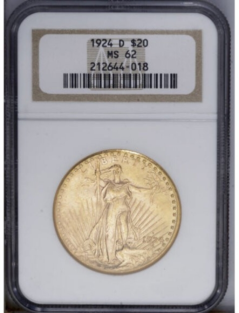 1924-D $20 St. Gaudens Double Eagle MS62 1