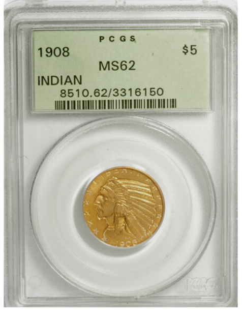 Picture of 1908 $5 Indian Head Half Eagle MS62