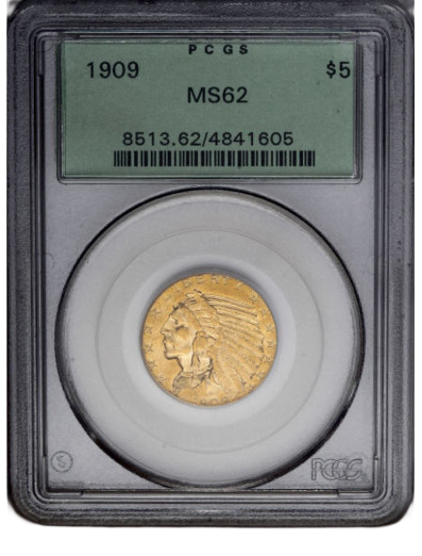 Picture of 1909 $5 Indian Head Half Eagle MS62