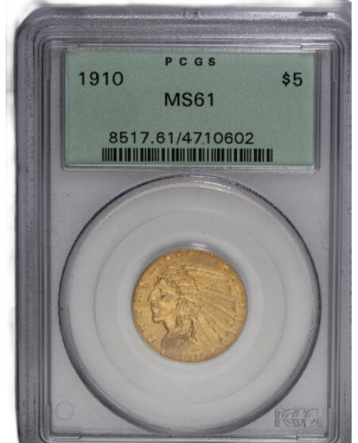 Picture of 1910 $5 Indian Head Half Eagle MS61