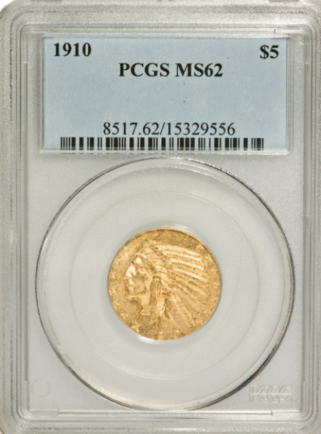 Picture of 1910 $5 Indian Head Half Eagle MS62