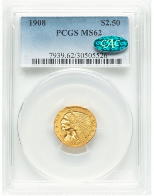 Picture of 1908WM $2.50 Indian Head Quarter Eagle MS62