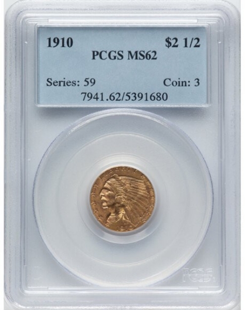 Picture of 1910 $2.50 Indian Head Quarter Eagle MS62