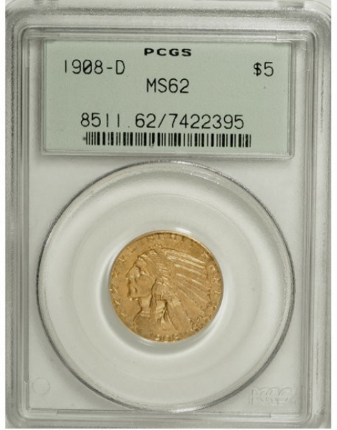 Picture of 1908D $5 Indian Head Half Eagle MS62