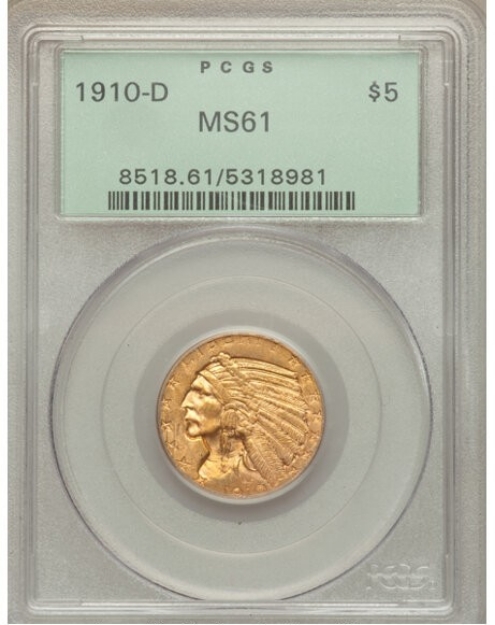 Picture of 1910D $5 Indian Head Half Eagle MS61