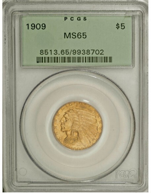 Picture of 1909 $5 Indian Head Half Eagle MS65